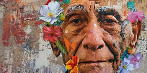 mature Latin man with flowers adorning his face, presenting an abstract contemporary art collage.