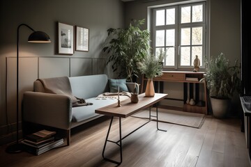 Interior design of the room includes a sofa and work table, a metal lamp, a plant vase, a view of the garden, a central coffee table, a blanket, and a parquet floor