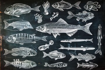 an artistic chalkboard fora fish market, in the style of eccentric penmanship, contoured shading - obrazy, fototapety, plakaty