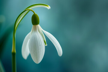 First spring flowers, snowdrop close-up. Background with selective focus and copy space