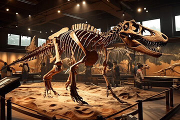 Exhibition of archaeological excavations of a dinosaur skeleton in a dark hall. Background with...