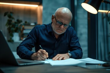 senior businessman signing office documents with laptop, in the style of joyful and optimistic