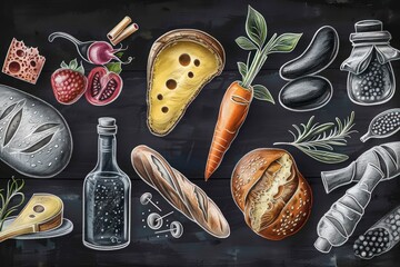 set of chalk drawing of food and products, in the style of lettering mastery - obrazy, fototapety, plakaty