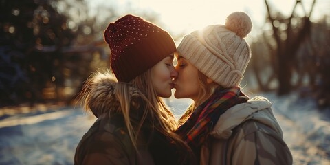 two young women spending time together kissing