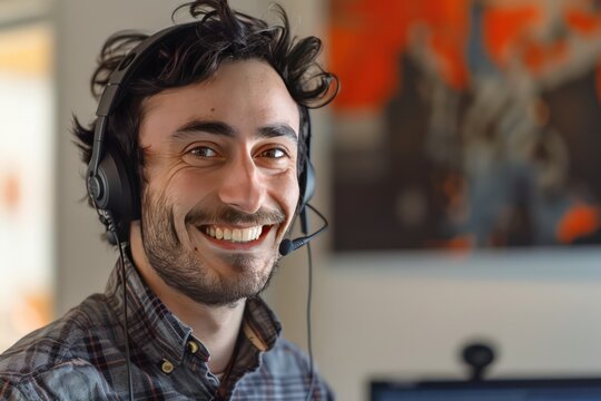 smiling commercial call center technician with headset, rounded, soft color fields, photo