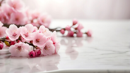 White Marble Stone Tabletop with Sakura Blossoms