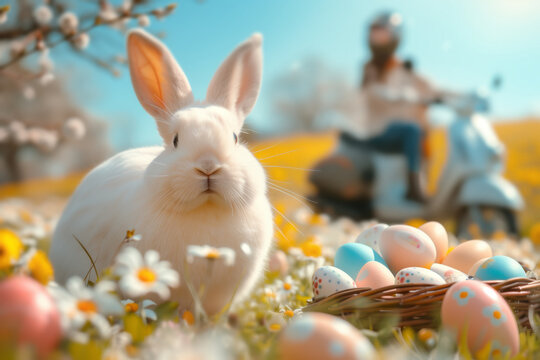 A white rabbit situated in a blooming meadow among daisies and wildflowers close to a basket of Easter eggs, with a girl on a motorcycle in the background on a sunny day.