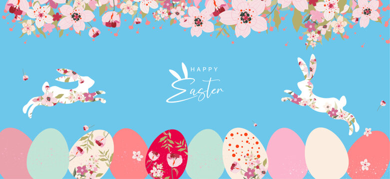Happy Easter greeting card with easter rabbit, eggs, roses, leaves, colorful floral bouquets, spring flowers compositions. Trendy posters, web banners, headers or covers for Happy Easter. 