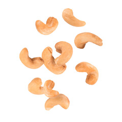 Falling roasted cashew nuts isolated on white background.
