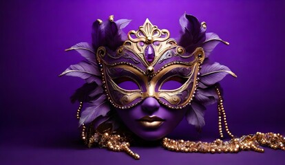 Generative AI beautiful bedazzled carnival or masquerade ball gold and purple masks on a pastel purple background a carnival mask with lights in the background

