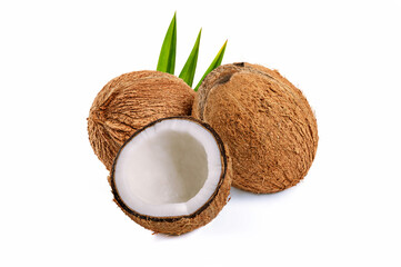 Coconut with half and leaves on white background