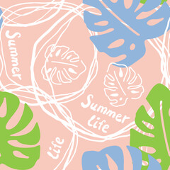 Obraz premium Monstera leaves decorative seamless vector pattern for textile design, fabric print, digital or wrapping paper, wallpaper, background and backdrop, decoration. Tropical summer holiday theme.
