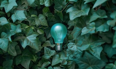 green light bulb surrounded by vine foliage and green leaves, in the style of light blue, minimalist backgrounds