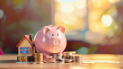The road to your home, a piggy bank, piles of coins and a small house symbolizing the financial journey to homeownership. Every penny counts on the road to real estate ownership - obrazy, fototapety, plakaty
