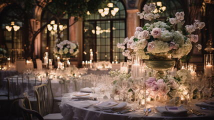 Luxurious wedding reception decor with candles and flowers - obrazy, fototapety, plakaty