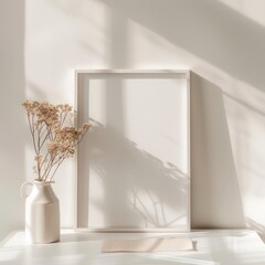 a white wood thin picture frame with white paper inside leaning up against a white wall and white surface