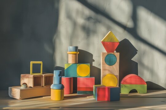 assortment of pieces of toys on a table top, in the style of warm color palette, geometric