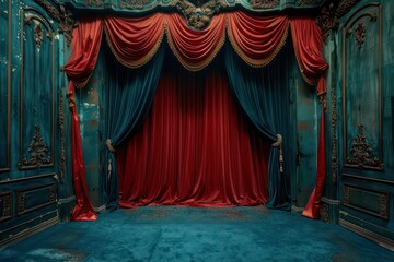 old blue theater stage with red curtains, in the style of rococo still-lifes, photo realistic fantasies, dark cyan and bronze