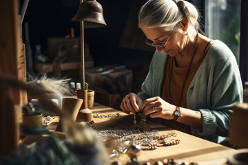 Crafting Legacy: A Senior Caucasian Woman, Alone at the Pottery Workshop, Creates Handmade Ceramic Sculptures - Powered by Adobe