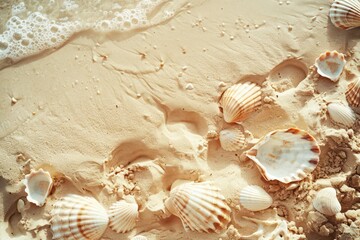 Fototapeta na wymiar beach sea shells in the sand, in the style of light beige