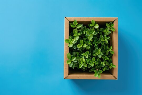 box with green plant inside on a blue background
