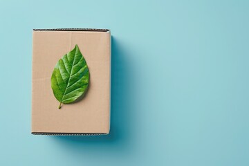 cardboard box with a green leaf on light blue background