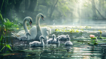 A family of swans swimming together in a serene pond, their fluffy gray cygnets following closely behind