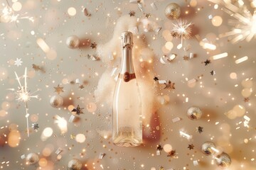  gold champagne bottle with stars and confetti