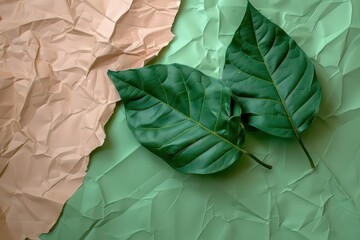 green leaf on a cut edge brown paper and green background
