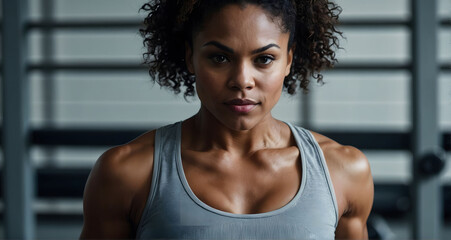 portrait of a black female strong woman in a fitness setting - obrazy, fototapety, plakaty