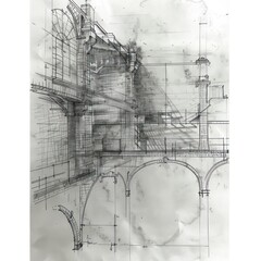 architectural section drawing, pencil drawing, highly detailed