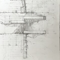 architectural section drawing, pencil drawing, highly detailed