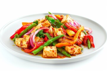 A stir-fry tofu, string bean, bell pepper, red onion, chili in spicy sauce on plate. Isolated white background