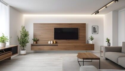LED TV mounted on cabinet in contemporary living room with background of white walls - obrazy, fototapety, plakaty