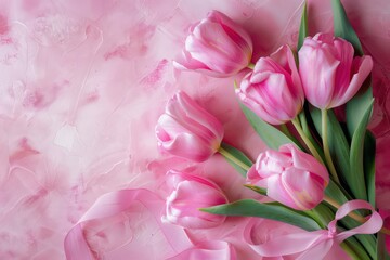 pink tulips with white ribbon and bow, in the style of minimalist backgrounds, colorful palette, naturalistic colors