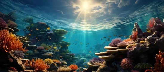 Fotobehang Coral reef and fish in colorful sea, Underwater world © MBRAMO