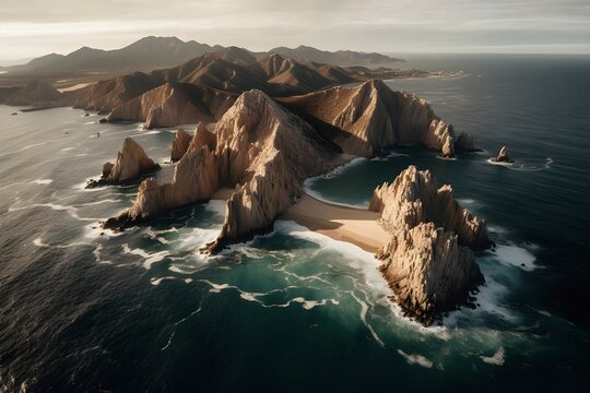 An aerial image of Lands End and the Arch at Cabo San Lucas, Baja California Sur, Mexico, at the point where the Pacific Ocean and the Gulf of California converge