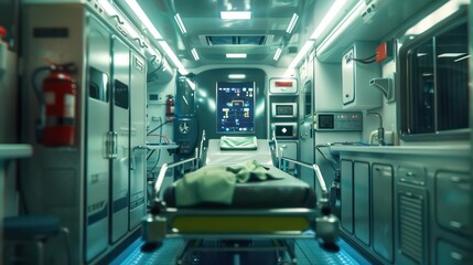 realistic photo of inside of ambulance bed and medical equipment
