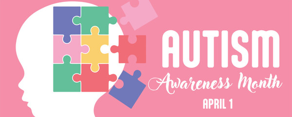 Banner for Autism Awareness Month with drawn child's head and jigsaw puzzle pieces