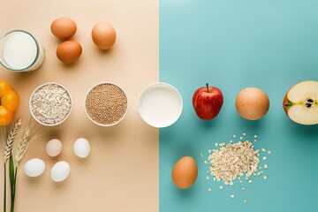 nutrition for healthy life dairy, eggs, apples, oats, milk, rice, cereals and dried grains