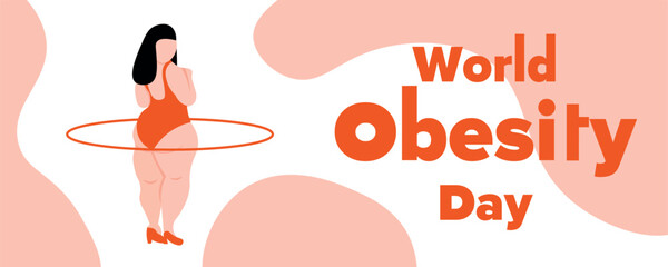 Banner for World Obesity Day with drawn stout woman training with hula hoop