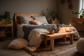 A cozy bedroom with stylish decor, a wooden bedside table, a pottery jar, a book, lovely bed linens, a blanket, pillows, and other personal items