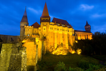 Fototapeta na wymiar Medieval Corvin Castle in south of Transylvania in night lights, Hunedoara, Romania