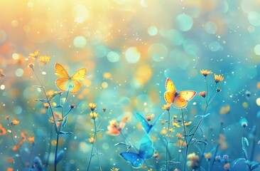 Fototapeta na wymiar yellow butterflies flutter past blue flowers in the garden
