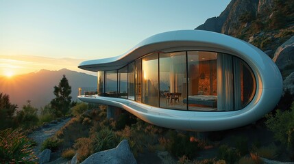 Modern minimalist round and curved shaped luxury house. Villa with terrace at sunset. Created with Generative AI.