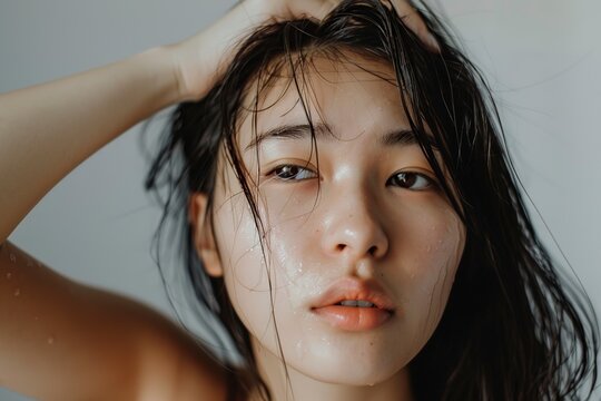 seductive asian woman with a hand in her hair