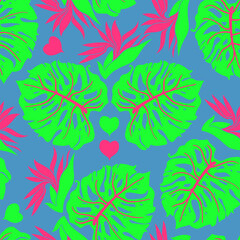 Monstera leaves decorative seamless vector pattern for textile design, fabric print, digital or wrapping paper, wallpaper, background and backdrop, decoration. Tropical summer holiday theme.