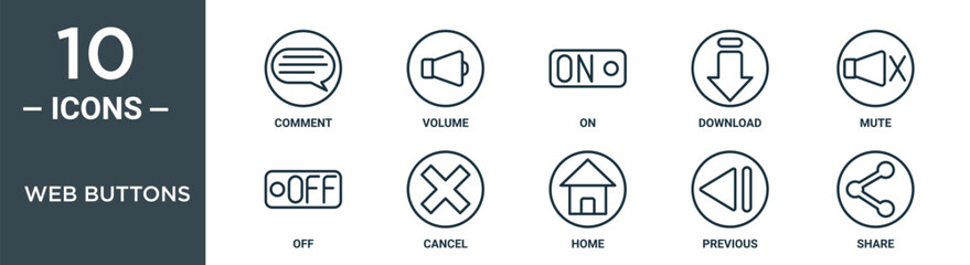 web buttons outline icon set includes thin line comment, volume, on, download, mute, off, cancel icons for report, presentation, diagram, web design - obrazy, fototapety, plakaty