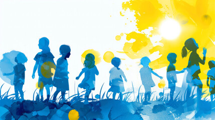 A blue and yellow illustration on the concept of harmony, unity and support for people with down syndrome. Silhouettes of happy children in a clearing on a sunny day