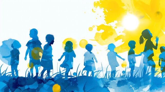 A blue and yellow illustration on the concept of harmony, unity and support for people with down syndrome. Silhouettes of happy children in a clearing on a sunny day